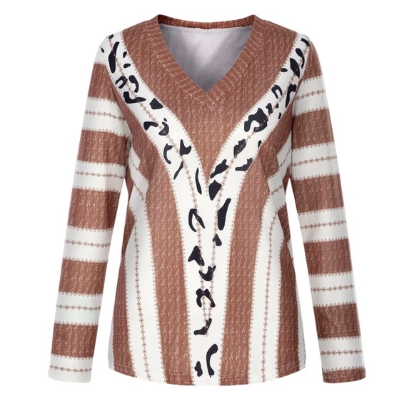 🐾ANIMAL PRINT GEO PATTERN V NECK SWEATER. BROWN, CREAM AND BLACK. NEW - Picture 4 of 5